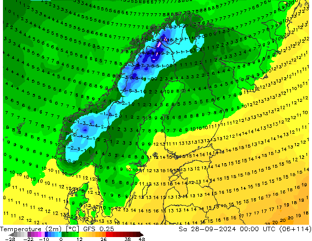 Temperature (2m) GFS 0.25 Sa 28.09.2024 00 UTC