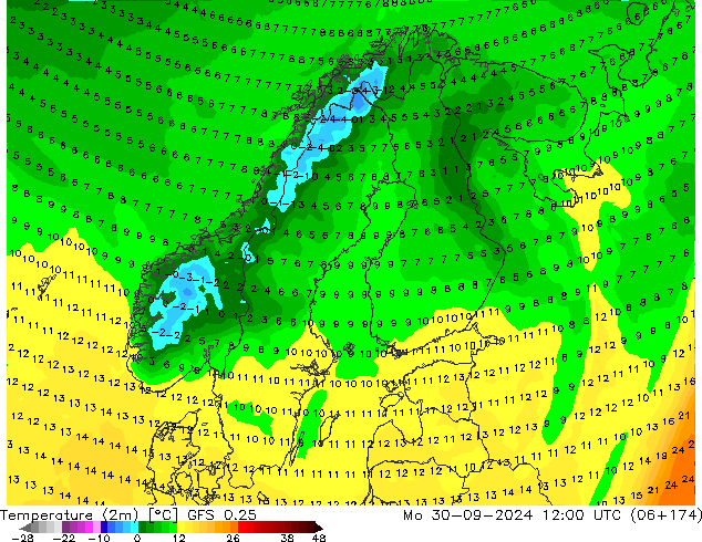 Temperatuurkaart (2m) GFS 0.25 ma 30.09.2024 12 UTC