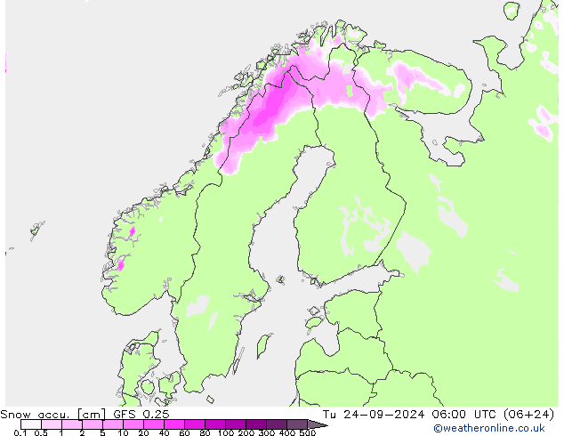 Totale sneeuw GFS 0.25 di 24.09.2024 06 UTC