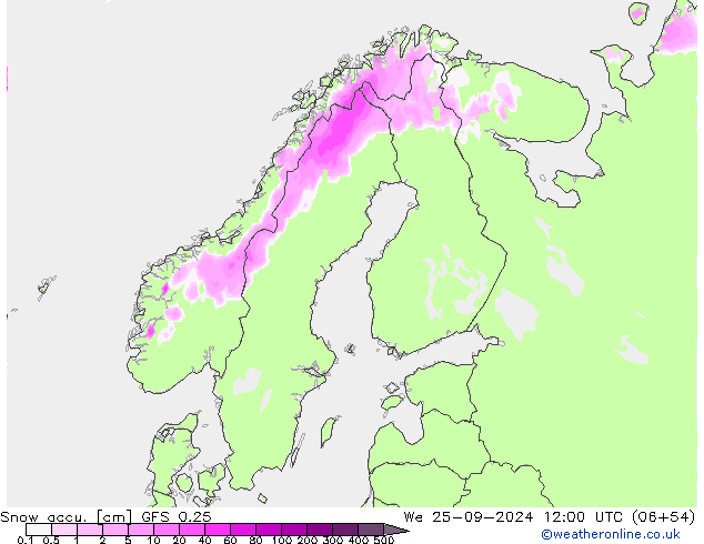 Snow accu. GFS 0.25 śro. 25.09.2024 12 UTC