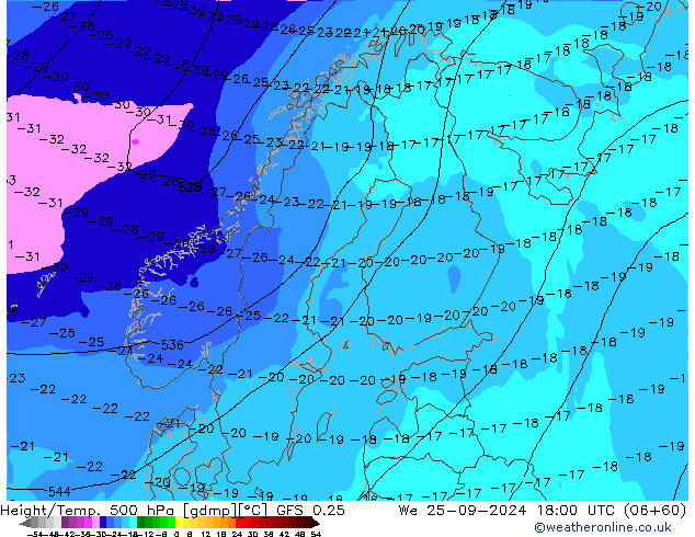 Z500/Rain (+SLP)/Z850 GFS 0.25 We 25.09.2024 18 UTC