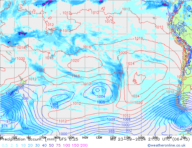 Precipitation accum. GFS 0.25 Mo 23.09.2024 21 UTC