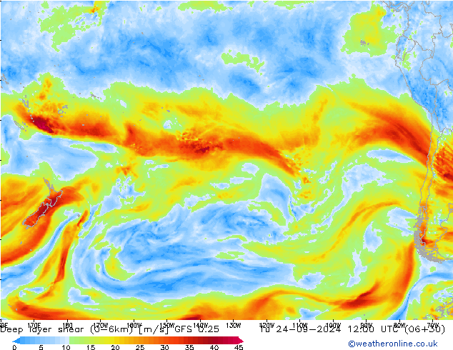 Deep layer shear (0-6km) GFS 0.25 mar 24.09.2024 12 UTC