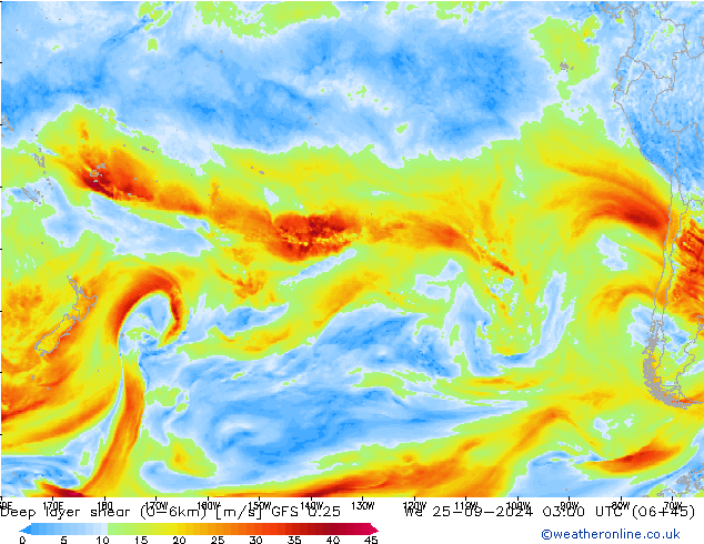 Deep layer shear (0-6km) GFS 0.25 ср 25.09.2024 03 UTC