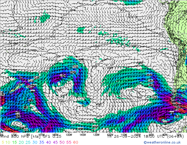 Wind 850 hPa GFS 0.25 Th 26.09.2024 18 UTC