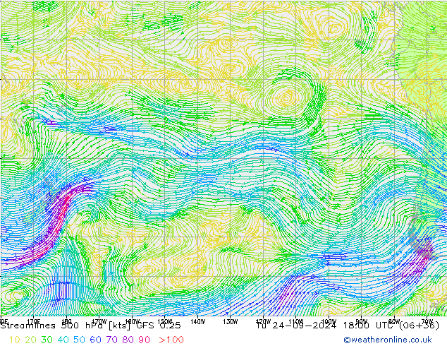 Linia prądu 500 hPa GFS 0.25 wto. 24.09.2024 18 UTC