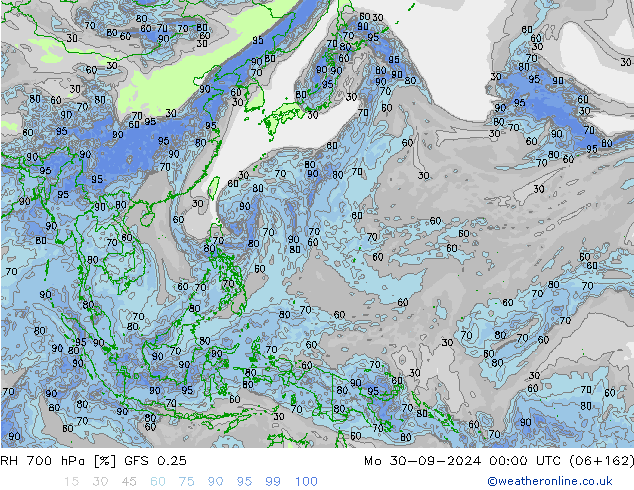 Humedad rel. 700hPa GFS 0.25 lun 30.09.2024 00 UTC