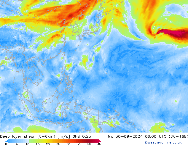 Deep layer shear (0-6km) GFS 0.25 lun 30.09.2024 06 UTC