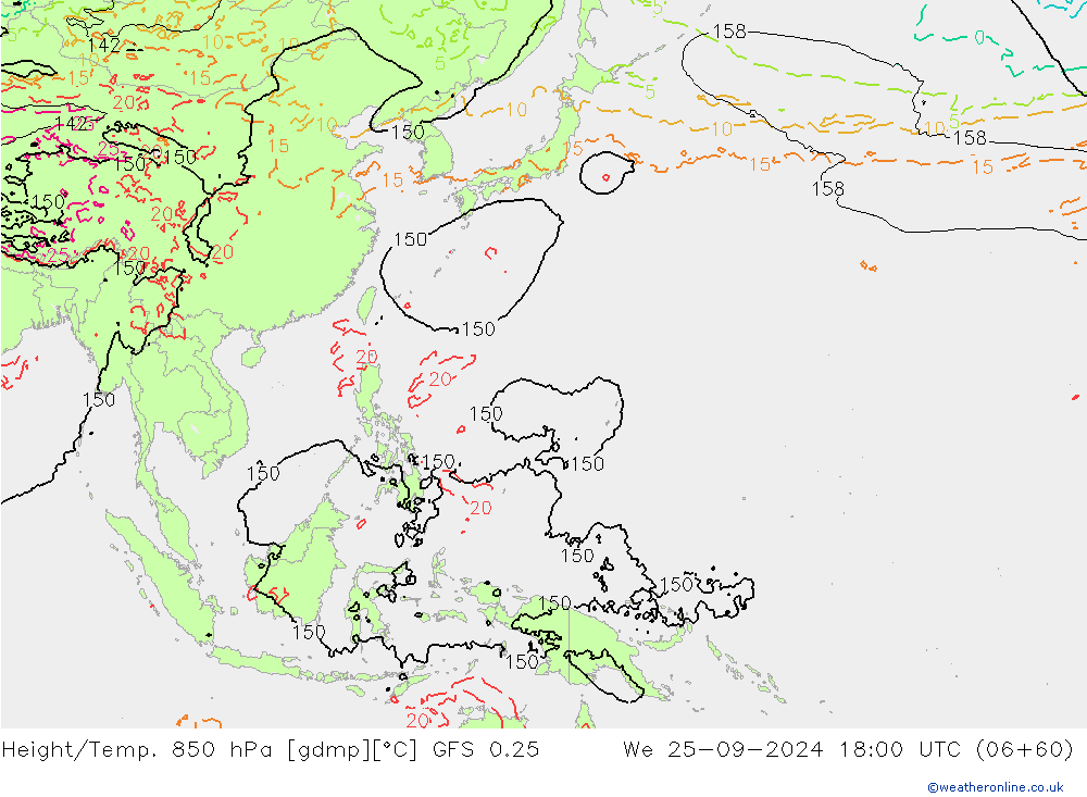 Z500/Rain (+SLP)/Z850 GFS 0.25 Qua 25.09.2024 18 UTC