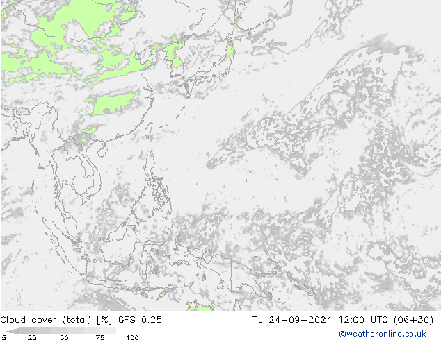 zachmurzenie (suma) GFS 0.25 wto. 24.09.2024 12 UTC