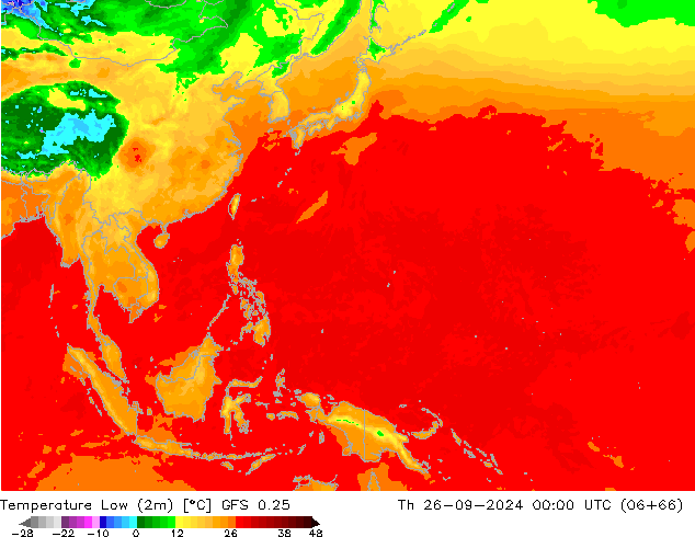 temperatura mín. (2m) GFS 0.25 Qui 26.09.2024 00 UTC