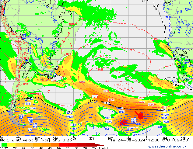 Max. wind snelheid GFS 0.25 di 24.09.2024 12 UTC