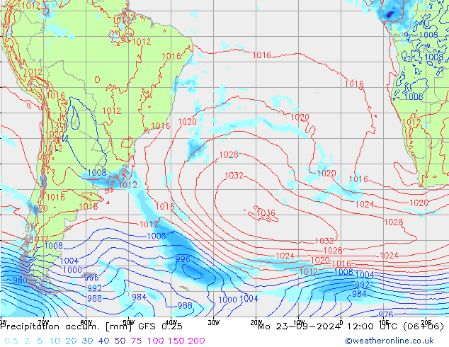 Precipitation accum. GFS 0.25 Mo 23.09.2024 12 UTC