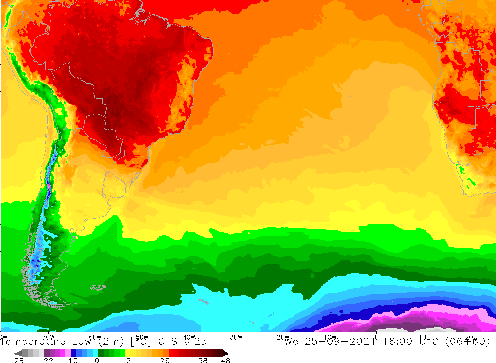 Temperature Low (2m) GFS 0.25 We 25.09.2024 18 UTC