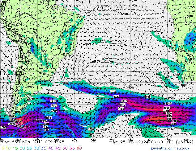 Vento 850 hPa GFS 0.25 mer 25.09.2024 00 UTC