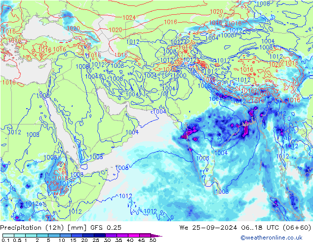 Precipitation (12h) GFS 0.25 We 25.09.2024 18 UTC