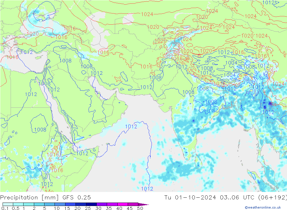 Precipitation GFS 0.25 Tu 01.10.2024 06 UTC