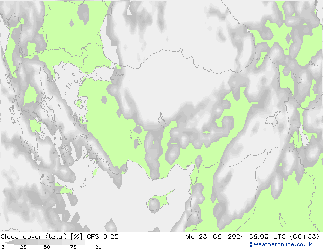 Nubes (total) GFS 0.25 lun 23.09.2024 09 UTC