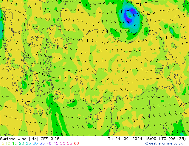 Vento 10 m GFS 0.25 mar 24.09.2024 15 UTC