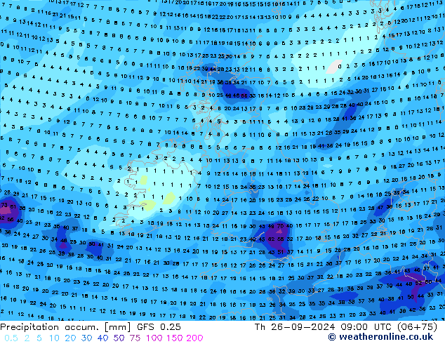 Precipitation accum. GFS 0.25  26.09.2024 09 UTC