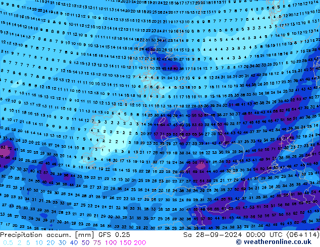 Precipitation accum. GFS 0.25 Sa 28.09.2024 00 UTC