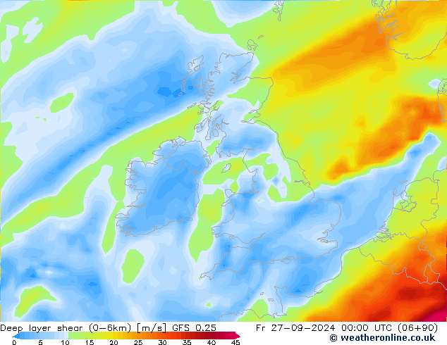 Deep layer shear (0-6km) GFS 0.25 Sex 27.09.2024 00 UTC