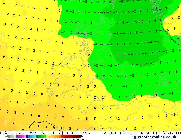 Z500/Rain (+SLP)/Z850 GFS 0.25 We 09.10.2024 06 UTC