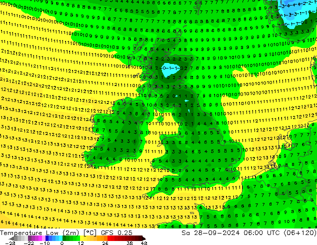 Nejnižší teplota (2m) GFS 0.25 So 28.09.2024 06 UTC