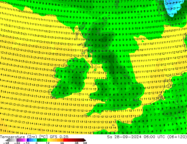 Temperature (2m) GFS 0.25 Sa 28.09.2024 06 UTC