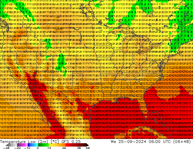 Temperatura mín. (2m) GFS 0.25 mié 25.09.2024 06 UTC