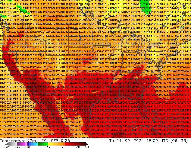 Temperatuurkaart (2m) GFS 0.25 di 24.09.2024 18 UTC