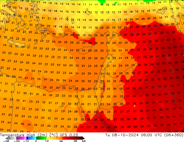 température 2m max GFS 0.25 mar 08.10.2024 06 UTC