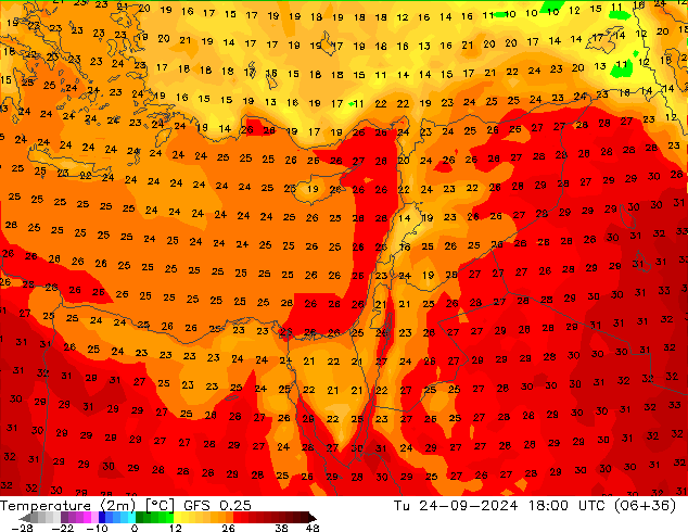 Temperature (2m) GFS 0.25 Tu 24.09.2024 18 UTC