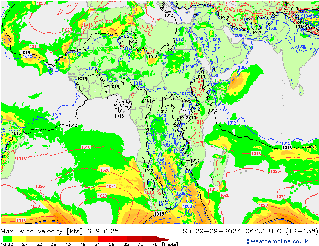 Max. wind snelheid GFS 0.25 zo 29.09.2024 06 UTC