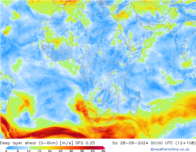 Deep layer shear (0-6km) GFS 0.25  28.09.2024 00 UTC