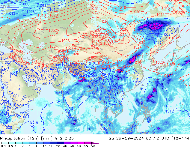 Totale neerslag (12h) GFS 0.25 zo 29.09.2024 12 UTC