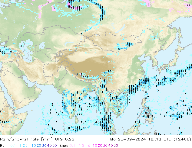 Rain/Snowfall rate GFS 0.25 Mo 23.09.2024 18 UTC