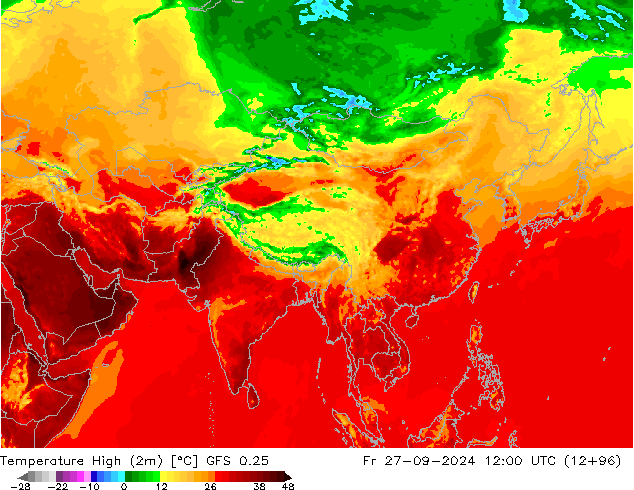 Temp. massima (2m) GFS 0.25 ven 27.09.2024 12 UTC