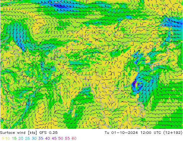 wiatr 10 m GFS 0.25 wto. 01.10.2024 12 UTC