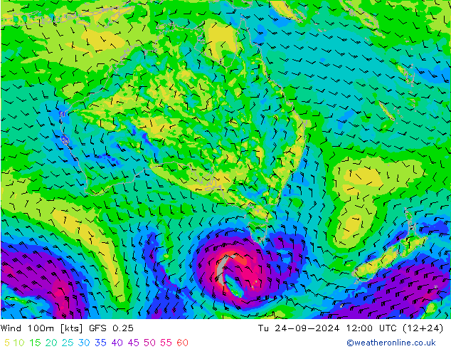 Vent 100m GFS 0.25 mar 24.09.2024 12 UTC