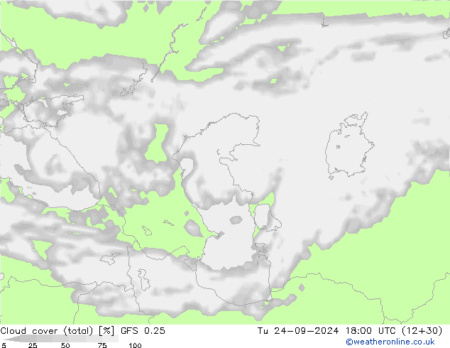 Cloud cover (total) GFS 0.25 Tu 24.09.2024 18 UTC