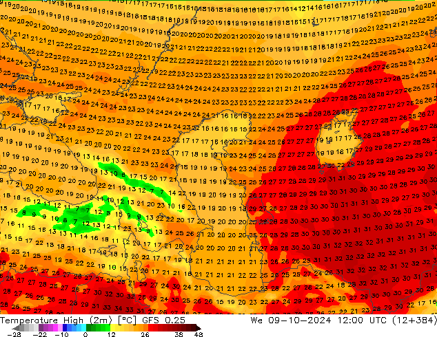 Temperatura máx. (2m) GFS 0.25 mié 09.10.2024 12 UTC