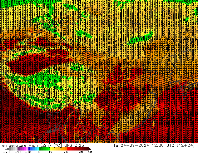 temperatura máx. (2m) GFS 0.25 Ter 24.09.2024 12 UTC