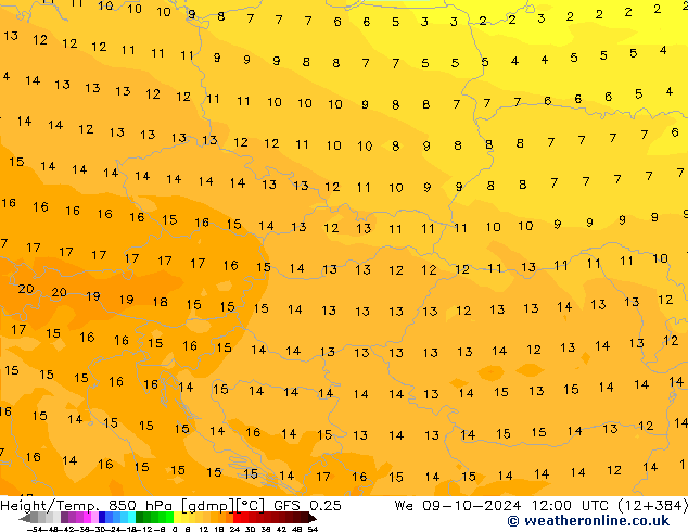 Height/Temp. 850 hPa GFS 0.25 mer 09.10.2024 12 UTC