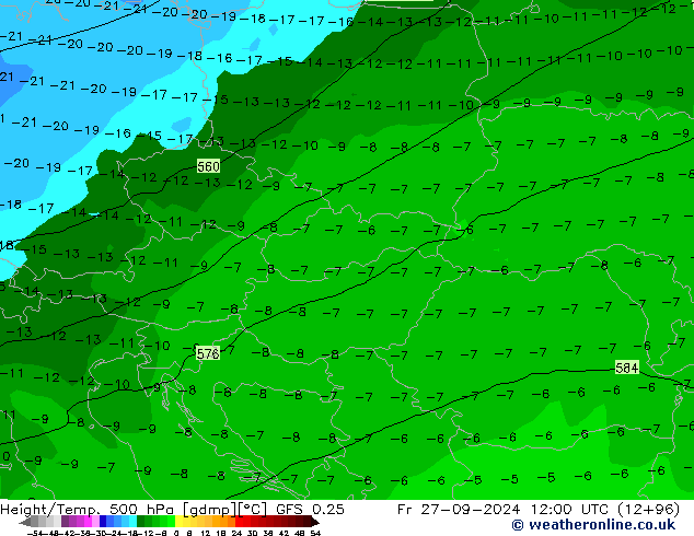 Z500/Rain (+SLP)/Z850 GFS 0.25 Fr 27.09.2024 12 UTC