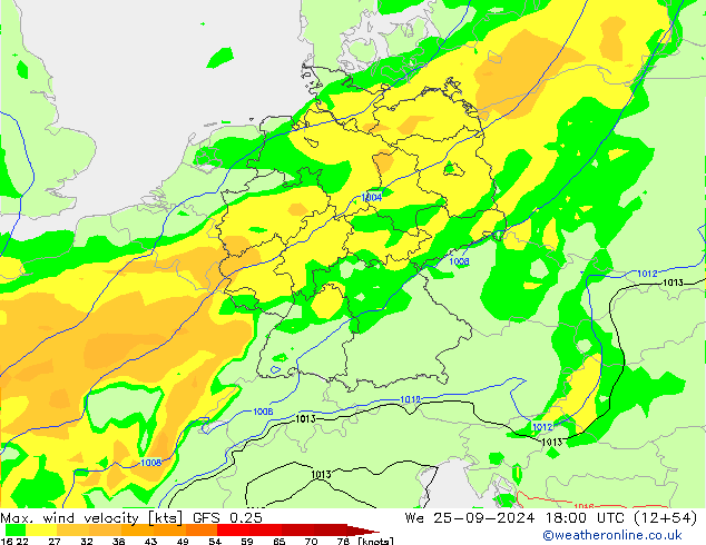 Max. wind velocity GFS 0.25 ср 25.09.2024 18 UTC