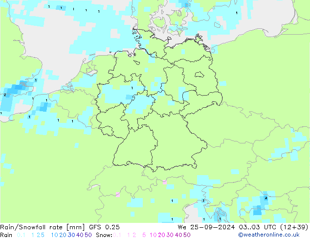 Rain/Snowfall rate GFS 0.25 mer 25.09.2024 03 UTC