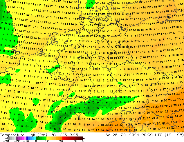 Nejvyšší teplota (2m) GFS 0.25 So 28.09.2024 00 UTC