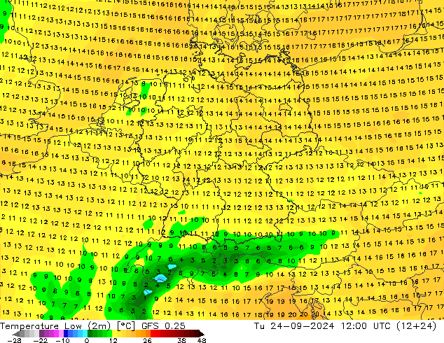 temperatura mín. (2m) GFS 0.25 Ter 24.09.2024 12 UTC