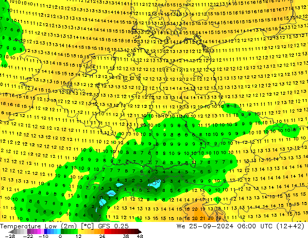 Minumum Değer (2m) GFS 0.25 Çar 25.09.2024 06 UTC